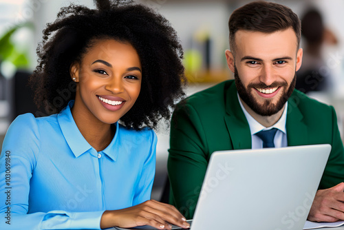 Professional colleagues, an African woman and a Caucasian man, in a contemporary office, working together at laptop, showing teamwork.