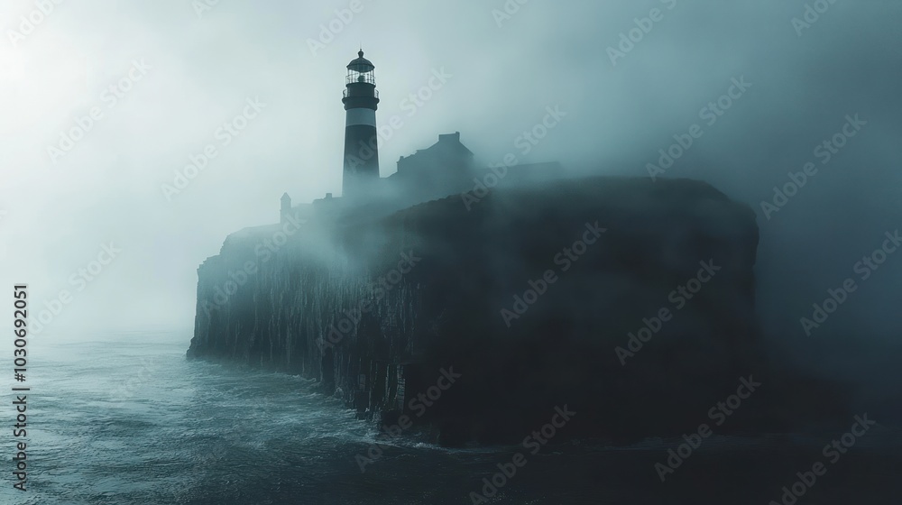 A lone lighthouse stands tall on a rocky cliff, shrouded in dense fog, with the sea crashing against the shore.
