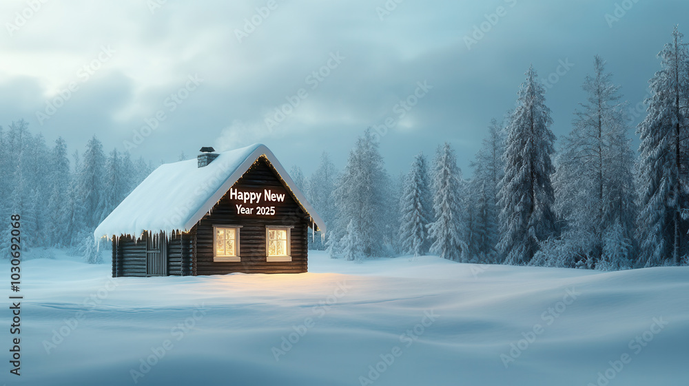 cozy snowy cabin surrounded by tall trees, with Happy New Year 2025 illuminated on front. serene winter landscape evokes sense of peace and celebration cozy snowy cabin surrounded by tall trees, with Happy New Year 2025 illuminated on front. serene winter landscape evokes sense of peace and celebration