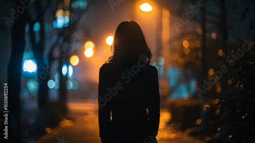 A woman walks along the autumn night streets of the city.