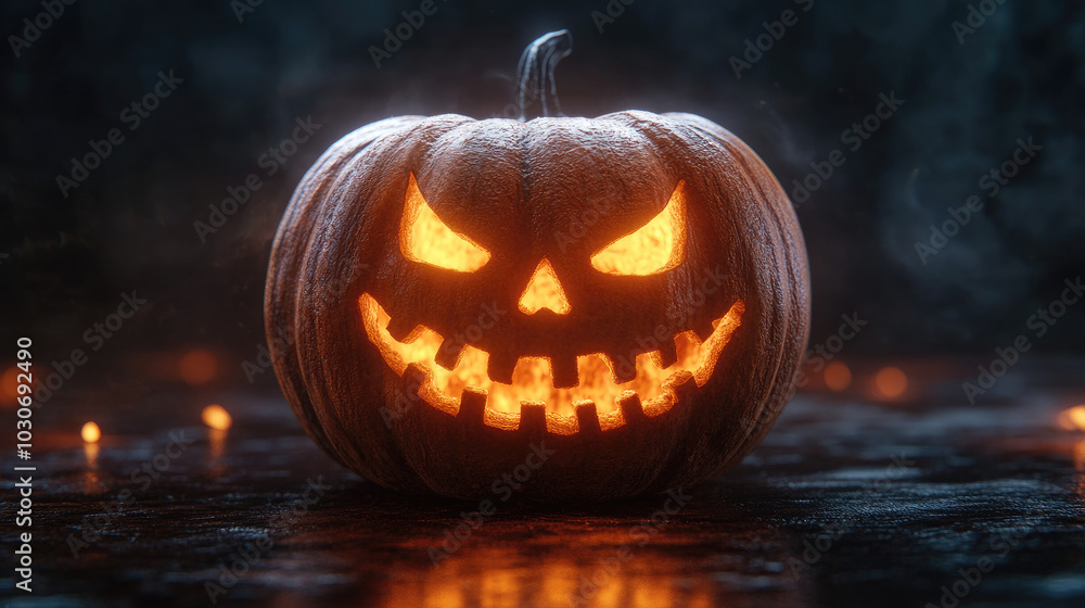 A glowing jack-o'-lantern with a menacing grin sits on a dark, smoky surface. A glowing jack-o'-lantern with a menacing grin sits on a dark, smoky surface.