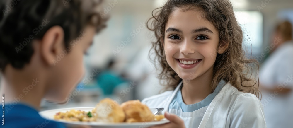 A young girl smiles as she hands a plate of food to a boy. A young girl smiles as she hands a plate of food to a boy.