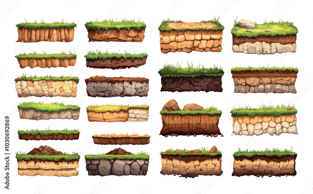 Fototapeta premium Terrain ground surfaces cartoon vector set. Soil geology layers mud clay turf grass stones loam rocks dirt pebbles earth lands barren desert arid samples, isolated illustrations on white background