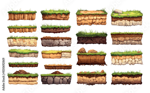 Terrain ground surfaces cartoon vector set. Soil geology layers mud clay turf grass stones loam rocks dirt pebbles earth lands barren desert arid samples, isolated illustrations on white background
