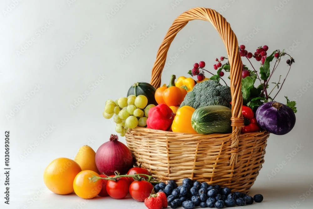 A basket overflowing with fresh produce on a blank background with space for text, suitable for commercial use in promoting healthy eating. Includes a mix of colorful, organic fruits and vegetables. A basket overflowing with fresh produce on a blank background with space for text, suitable for commercial use in promoting healthy eating. Includes a mix of colorful, organic fruits and vegetables.