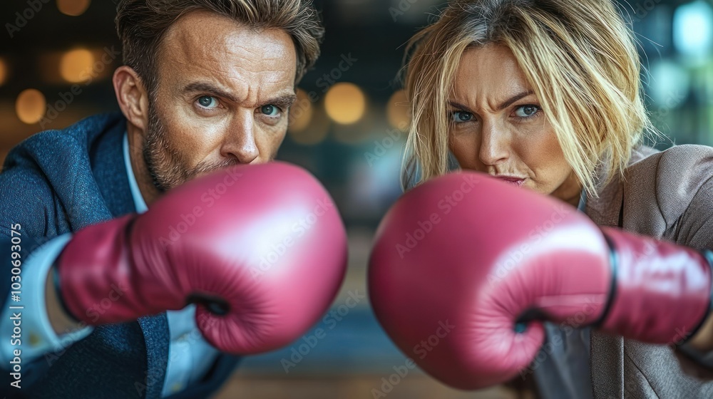 Close-up focus on man and woman with boxing gloves. Close-up focus on man and woman with boxing gloves.