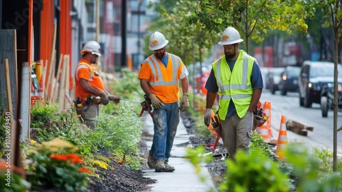 A team of engineers and construction workers upgrading the city s sidewalks and pedestrian paths, ensuring accessibility and safety for the urban population photo