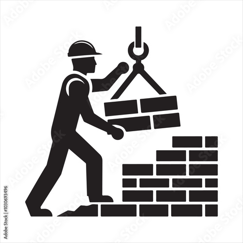 Builder Lifting Brick vector art illustration