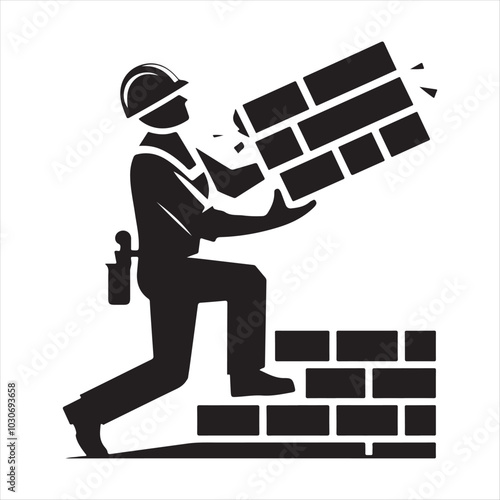 Builder Lifting Brick vector art illustration