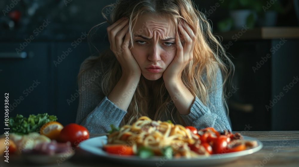 Woman frowning at delicious spaghetti dish on table. Woman frowning at delicious spaghetti dish on table.