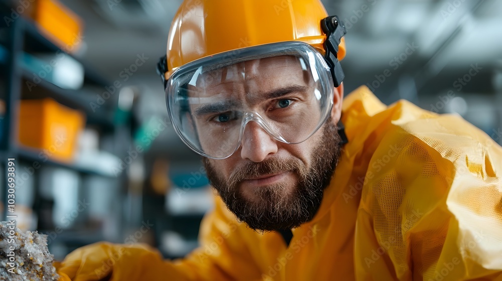 Skilled Asbestos Removal Worker Carefully Handling Hazardous Materials With Precision and Safety During a Dismantling in an Aging Industrial Structure Skilled Asbestos Removal Worker Carefully Handling Hazardous Materials With Precision and Safety During a Dismantling in an Aging Industrial Structure