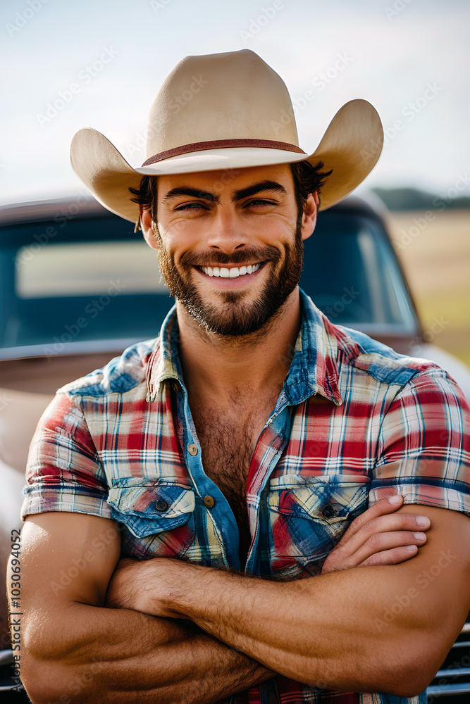 Confident American man in a cowboy hat and plain shirt poses with crossed arms in front of his pickup truck. Confident American man in a cowboy hat and plain shirt poses with crossed arms in front of his pickup truck.