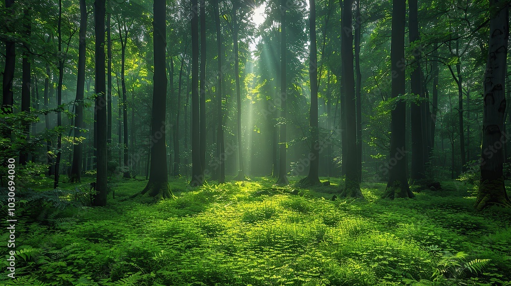 Environmental conservation concept, featuring a lush green forest with sunlight filtering through the trees, showcasing the need to preserve natural habitats for biodiversity. Realistic photo. High Environmental conservation concept, featuring a lush green forest with sunlight filtering through the trees, showcasing the need to preserve natural habitats for biodiversity. Realistic photo. High