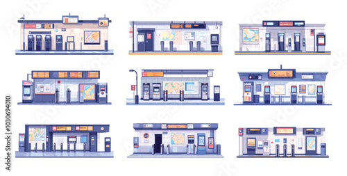 Ticket machines metro atm terminals cartoon vector set. Underground subway barriers entrance gates turnstile electronic advertising boards transit signs, station access passenger traffic control