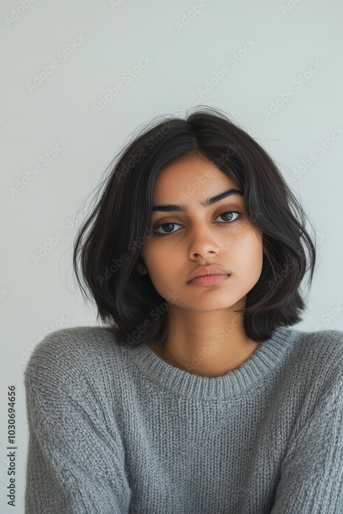 young indian woman with sullen look on isolated background young indian woman with sullen look on isolated background