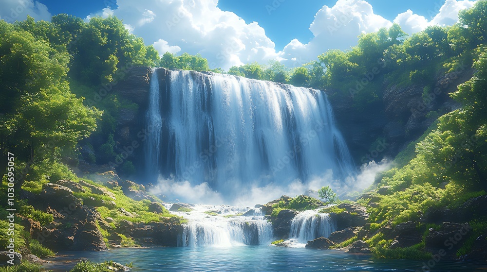 Naklejka premium Majestic waterfall cascading down a rocky cliff into a pristine pool of water surrounded by lush greenery and a bright blue sky.