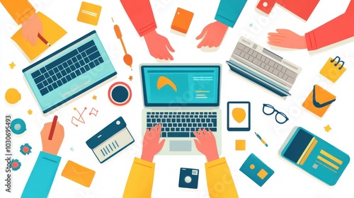 Wallpaper Mural Top view of a team of people working together at a table with laptops, phones, and other office supplies. Torontodigital.ca