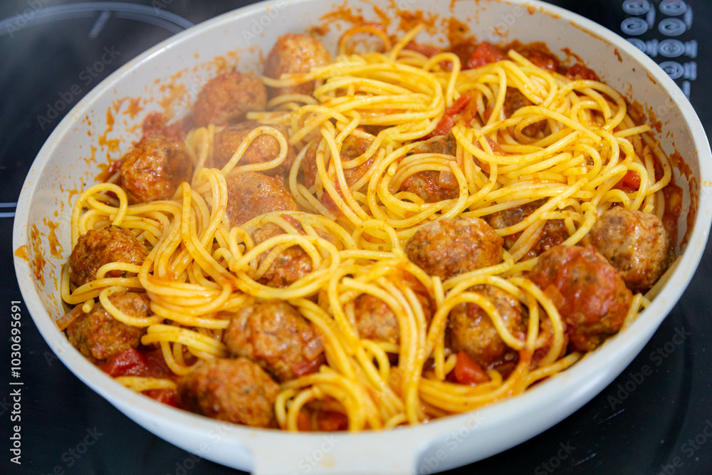 Traditional spaghetti with tomato sauce and meatballs and grated parmesan cheese Traditional spaghetti with tomato sauce and meatballs and grated parmesan cheese