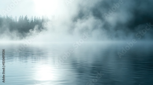 A serene lake shrouded in morning mist, with sunlight filtering through the clouds and reflecting on the calm water.