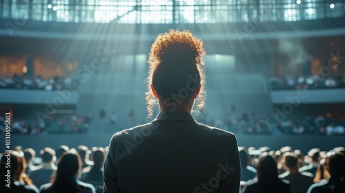 Speaker in rays of light captivating large audience photo