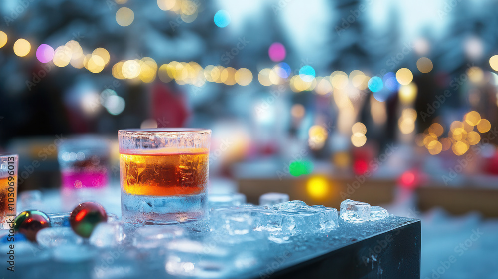 Charming ice glasses filled with colorful drinks are set against festive winter backdrop, illuminated by twinkling lights. scene captures joy and warmth of winter celebration Charming ice glasses filled with colorful drinks are set against festive winter backdrop, illuminated by twinkling lights. scene captures joy and warmth of winter celebration