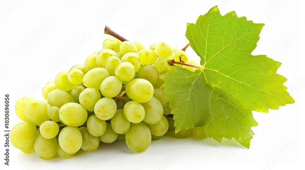 Vibrant Cluster of Green and Yellow Grapes with Leaf on White Background Vibrant Cluster of Green and Yellow Grapes with Leaf on White Background
