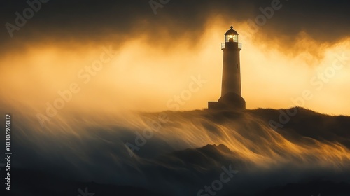 A lighthouse stands tall on a cliff, illuminated by the golden light of a stormy sunset, as thick fog rolls in from the sea.