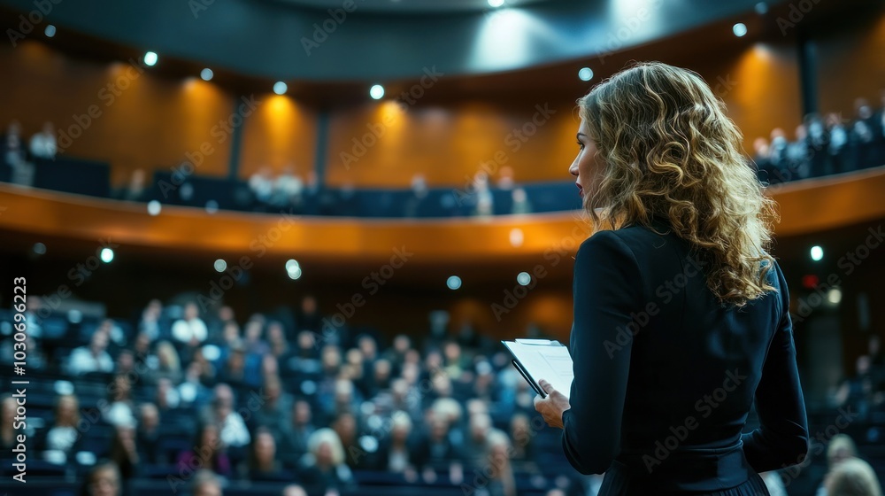 Woman presenting in large auditorium to audience Woman presenting in large auditorium to audience