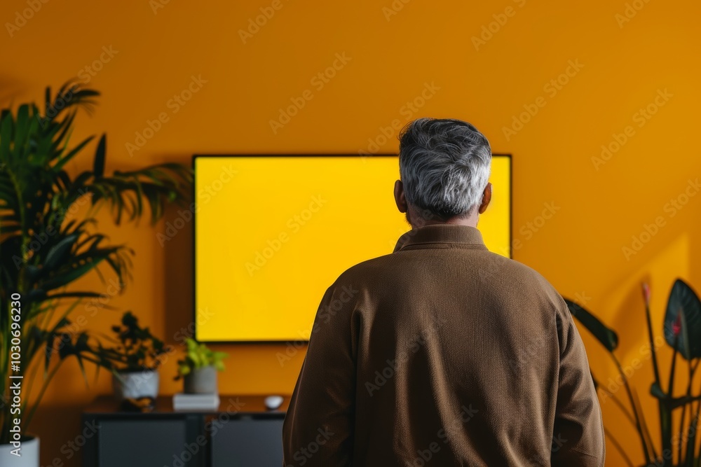 Digital mockup man in his 50s in front of an smart-tv with an entirely yellow screen Digital mockup man in his 50s in front of an smart-tv with an entirely yellow screen