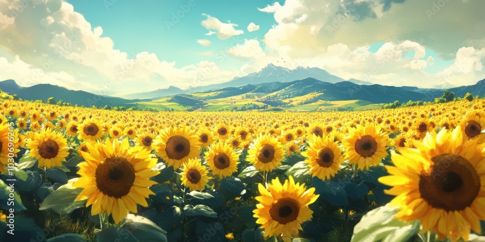 Fototapeta premium Sunflowers bloom in a field with mountains in the background.