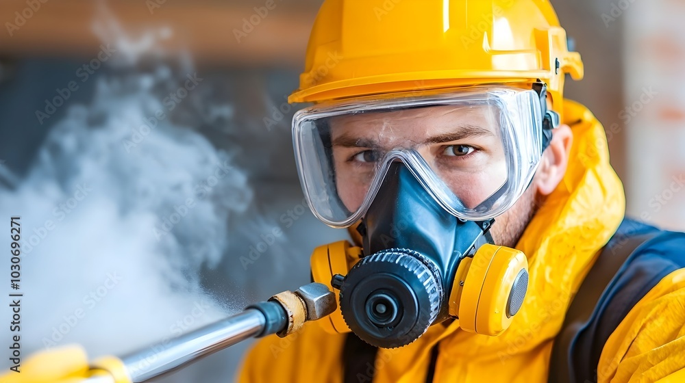 Professional Worker Utilizing Vacuum Technology to Safely Extract Asbestos Dust and Debris from Contaminated Surfaces During Industrial Cleaning and Decontamination Process Professional Worker Utilizing Vacuum Technology to Safely Extract Asbestos Dust and Debris from Contaminated Surfaces During Industrial Cleaning and Decontamination Process