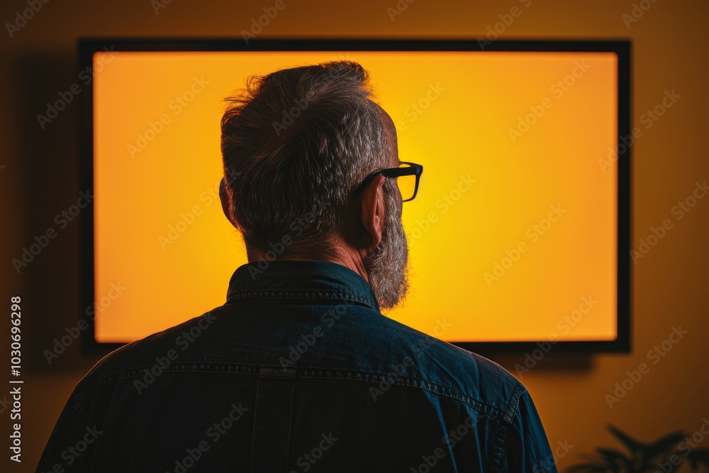 Digital mockup man in his 50s in front of an smart-tv with an entirely yellow screen Digital mockup man in his 50s in front of an smart-tv with an entirely yellow screen
