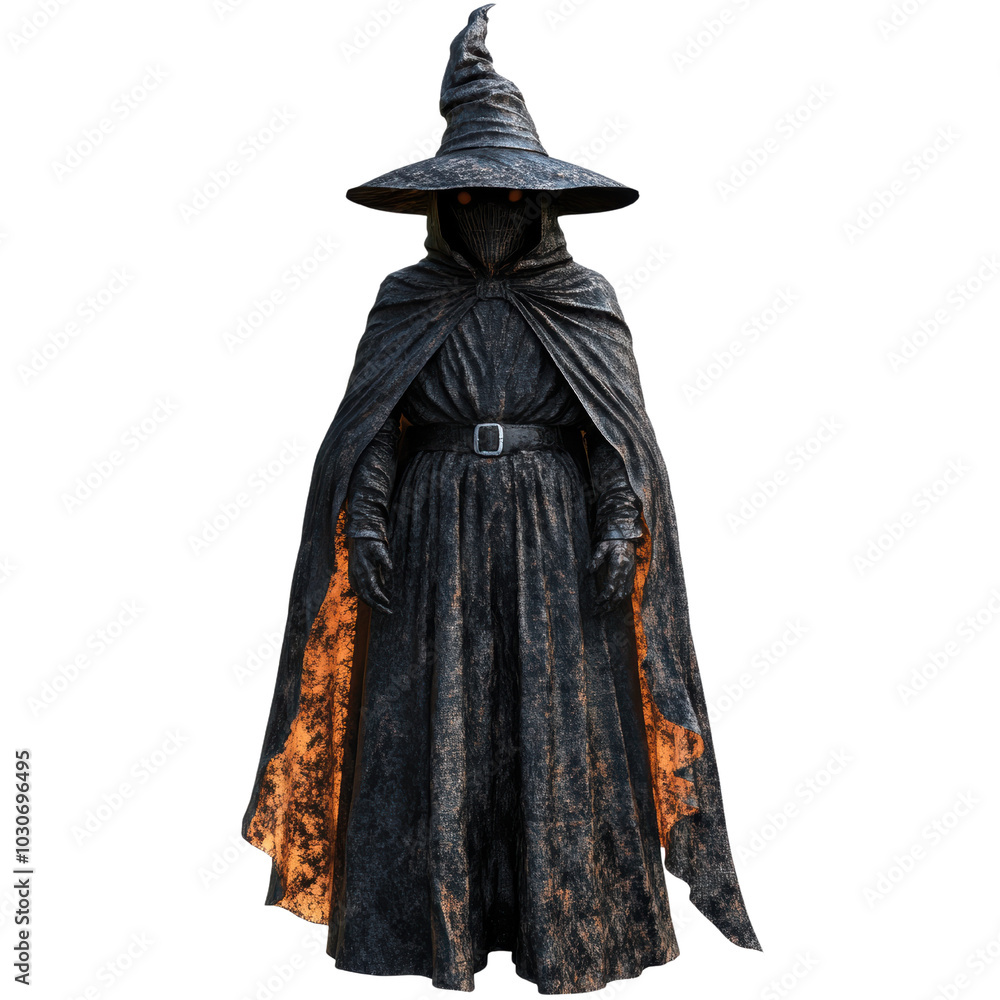 Mysterious sorcerer in tattered cloak, exuding aura of magic and intrigue. dark attire and pointed hat enhance enigmatic presence, captivating imagination