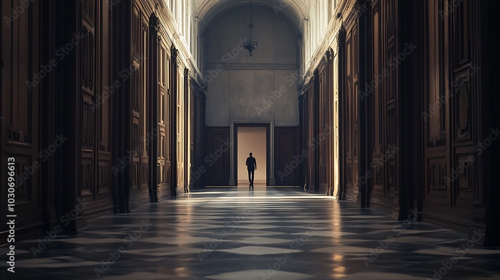 A lone figure walks through a dark hallway in a grand building A lone figure walks through a dark hallway in a grand building