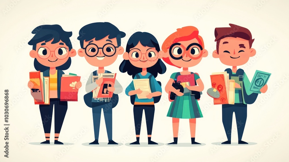 Naklejka premium A group of five cartoon children with books and backpacks, standing in a line against a white background.