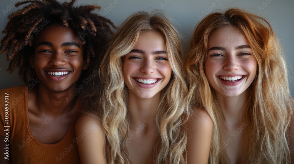 Three diverse young adults smiling together looking at the camera. Three diverse young adults smiling together looking at the camera.