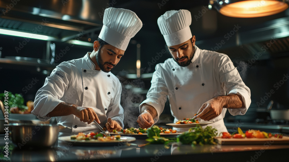 indian chefs carefully plating a gourmet dish indian chefs carefully plating a gourmet dish