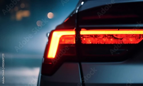 Close-up of a car's rear signal lights glowing in the rain at night, with water droplets creating a dramatic effect photo