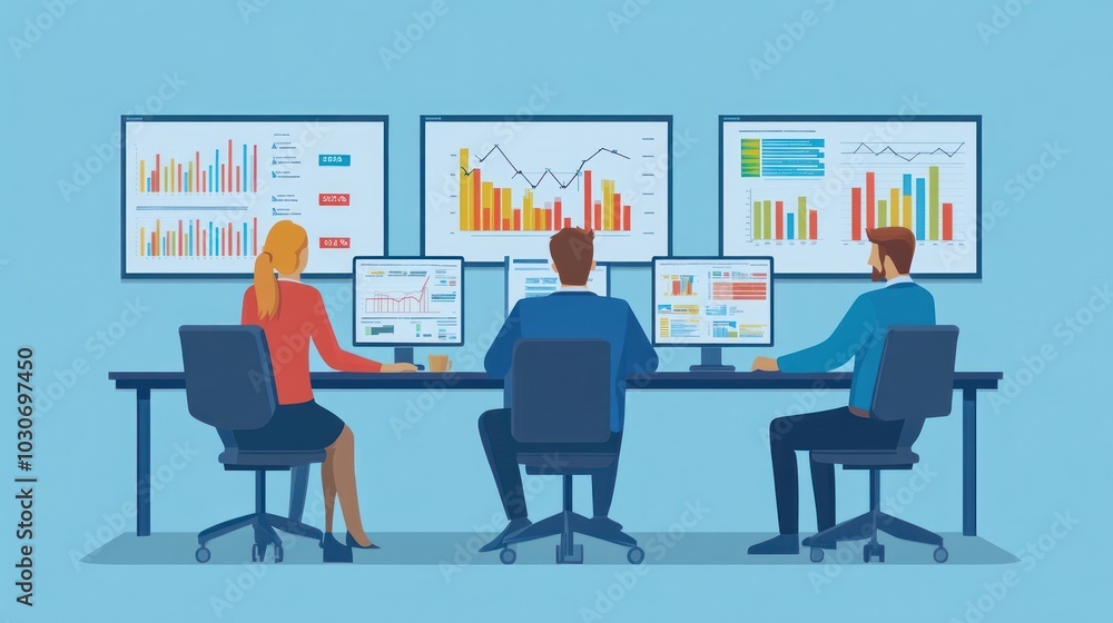 Three businesspeople working in a modern office with large screens displaying charts and graphs. Three businesspeople working in a modern office with large screens displaying charts and graphs.