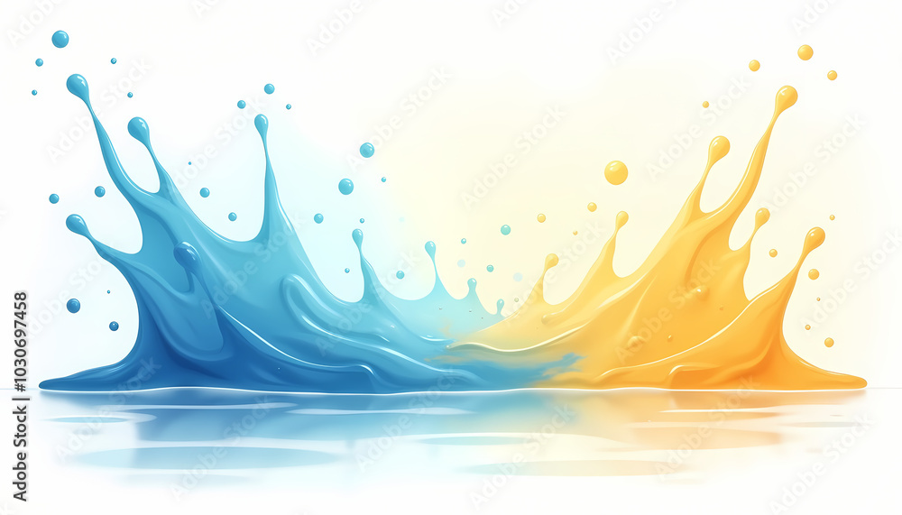 Naklejka premium Splash of blue and yellow paint on a white background, ideal for abstract and creative design projects.