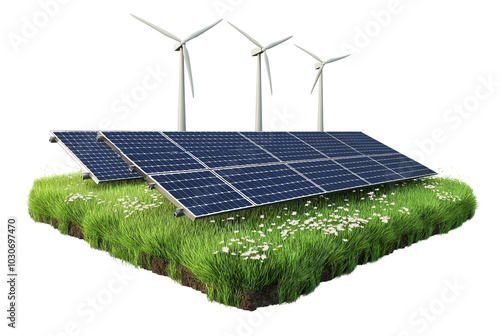Windmills or wind turbines with solar panels on small land model isolated on transparent PNG or white background. sustainable, renewable electricity, energy concept.