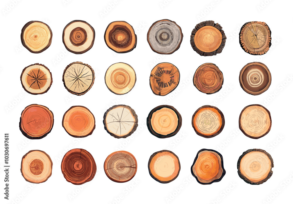 Tree discs trunks wood slices cartoon vector set. lumber log age rings stumps, plant growth loops chopped cut annual circuits, illustration isolated on white background Tree discs trunks wood slices cartoon vector set. lumber log age rings stumps, plant growth loops chopped cut annual circuits, illustration isolated on white background