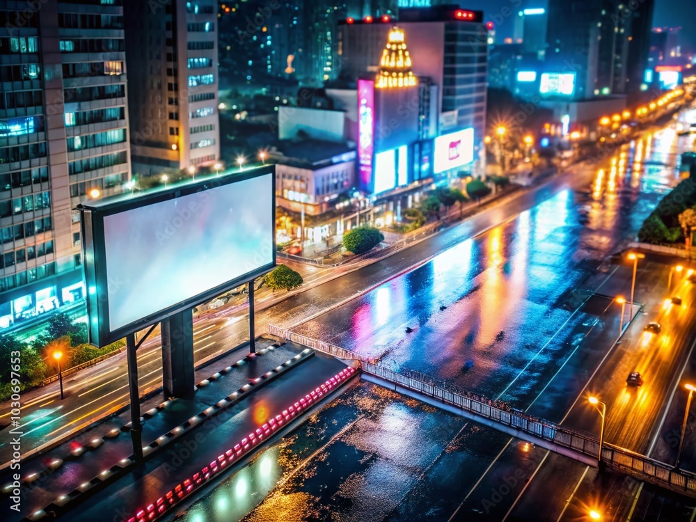Illuminated Empty Billboard on Wet City Street at Night with Bokeh Lights Background Illuminated Empty Billboard on Wet City Street at Night with Bokeh Lights Background