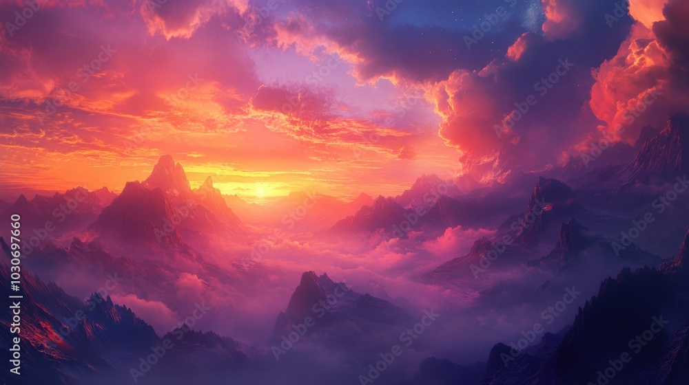 Purple sky with sunset and mountains. Purple sky with sunset and mountains.