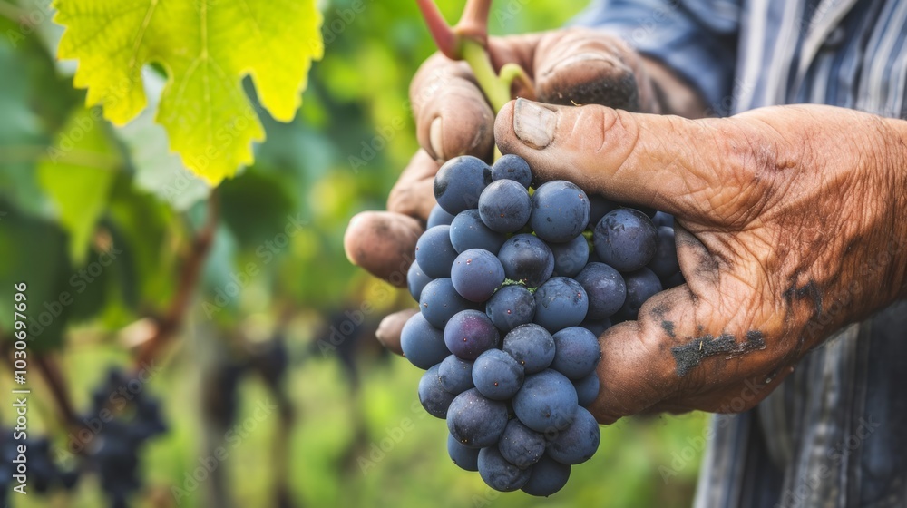 Obraz premium Timeless Harvest: An Elderly Farmer Holding Black or Blue Bunch Grapes - Captured in Stunning