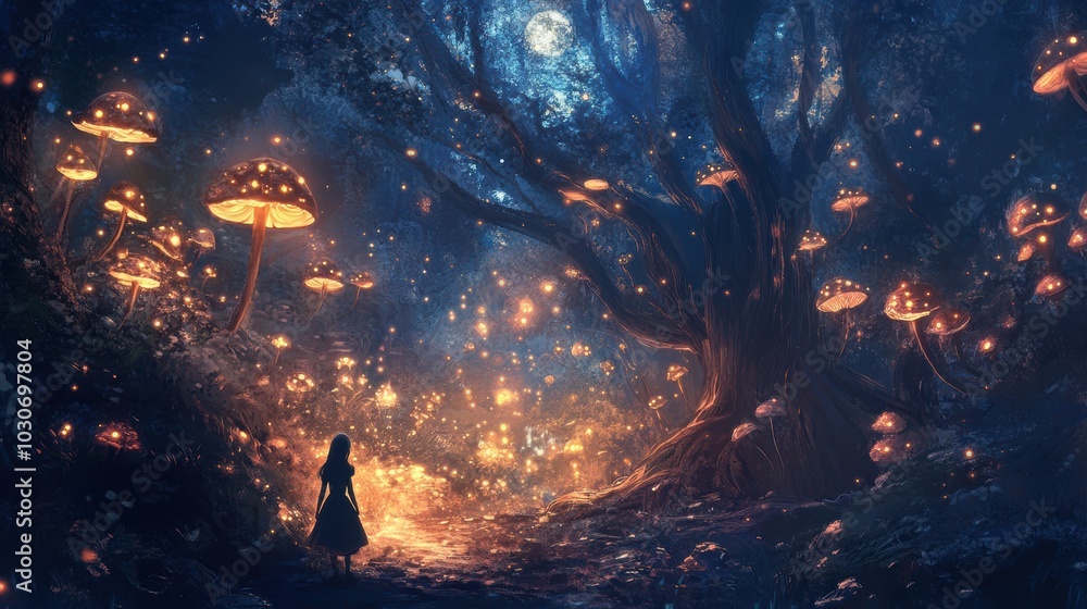 A girl stands in a mystical forest with glowing mushrooms. A girl stands in a mystical forest with glowing mushrooms.