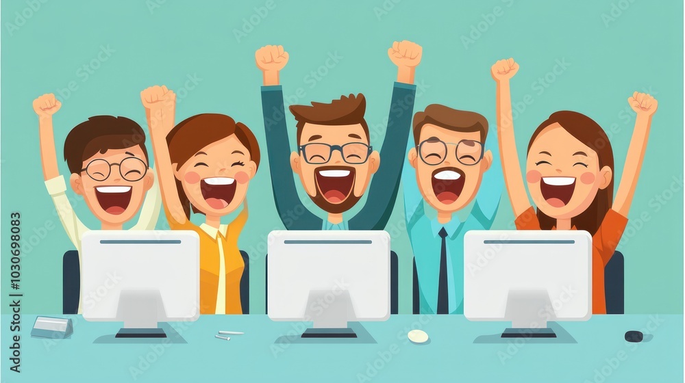 Five cheerful office workers raise their arms in celebration while sitting at their computers. Five cheerful office workers raise their arms in celebration while sitting at their computers.