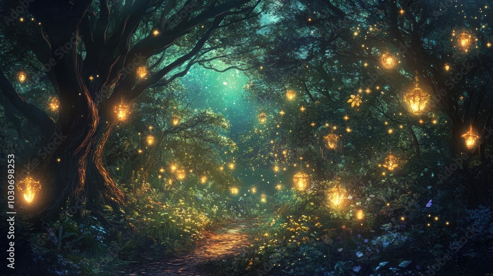 Enchanted forest path lit by glowing lanterns. Enchanted forest path lit by glowing lanterns.