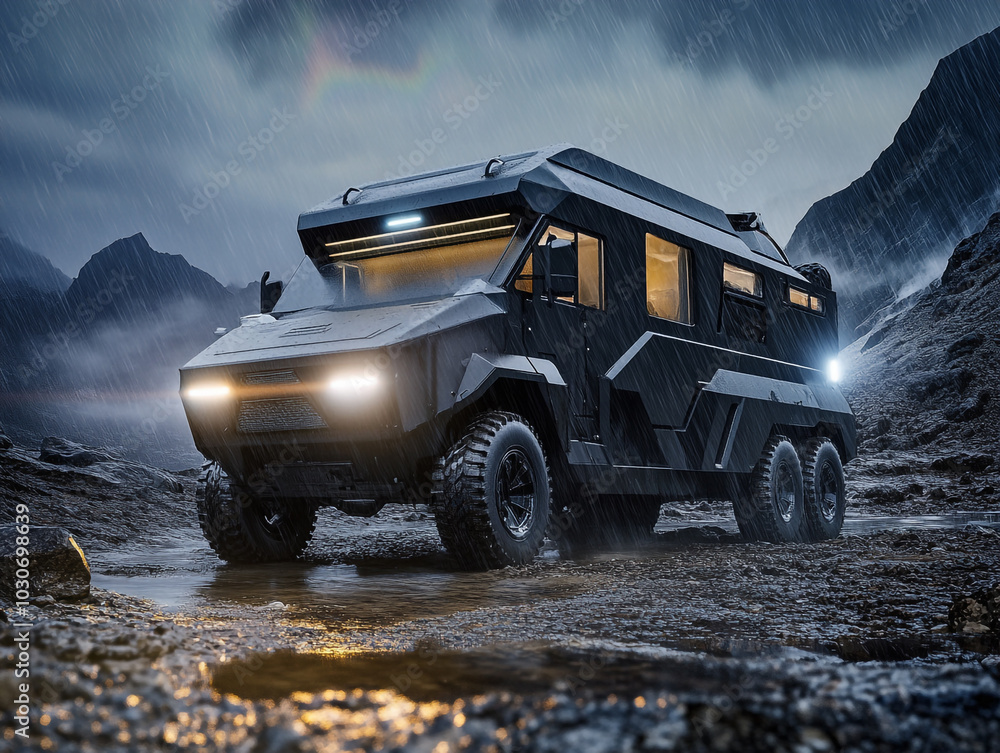 Obraz premium Futuristic an army personal transportation vehicle is driving down a road in the rain.