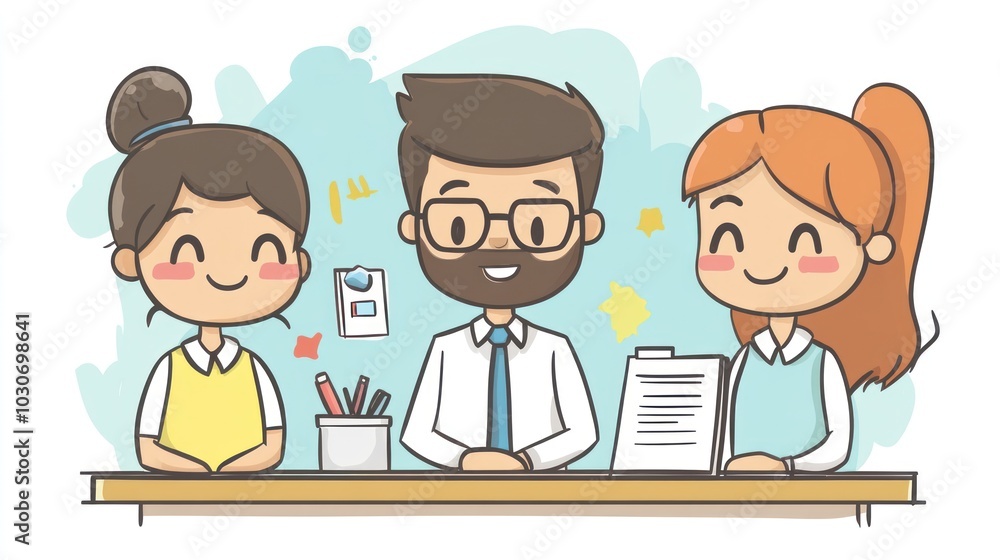 A cartoon illustration of a group of happy office workers sitting at a desk with paperwork. A cartoon illustration of a group of happy office workers sitting at a desk with paperwork.